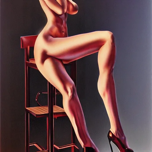 Prompt: artstation a woman seductively posing on a stool, by Hajime Sorayama, very detailed, , portrait, high contrast