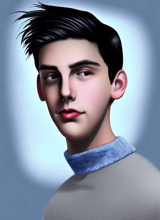 Image similar to portrait of teenage jughead jones wearing a light grey crown, crown, blue turtleneck, 1 9 5 0 s, closed eyes, photorealistic, black hair, glowing lighting, intricate, elegant, glowing lights, highly detailed, digital painting, artstation, concept art, smooth, sharp focus, illustration, art by wlop, mars ravelo and greg rutkowski