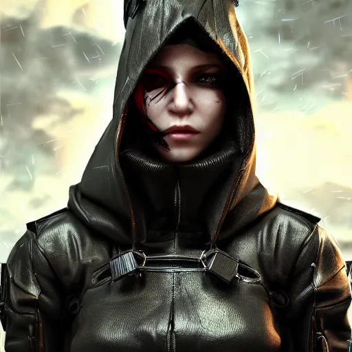 Prompt: Female cyberpunk rogue in a hood, realistic artstyle, full body, dramatic lighting, octane render, hyperrealistic, high quality, highly detailed, HD, beautiful, cinematic, 8k, unreal engine, facial accuracy, symmetrical