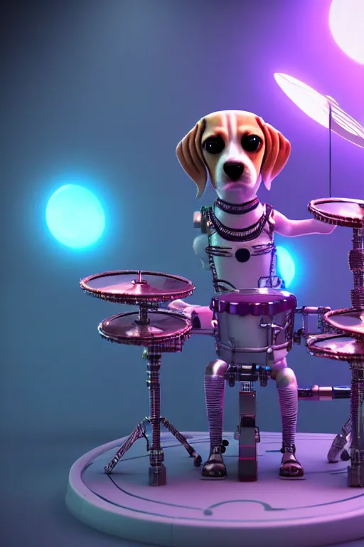 Image similar to high quality 3 d render very cute cyborg beagle plays drums!, cyberpunk highly detailed, unreal engine cinematic smooth, in the style of blade runner & pixar, hannah yata charlie immer, moody light, low angle, uhd 8 k, sharp focus