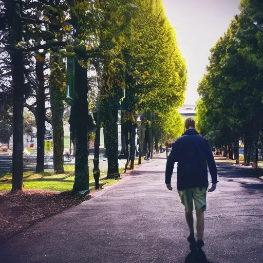 Prompt: a-man-taking-several-toilets-on-a-walk, outdoors, trees, sidewalk, shade, 4K, photorealistic, analogue-photography