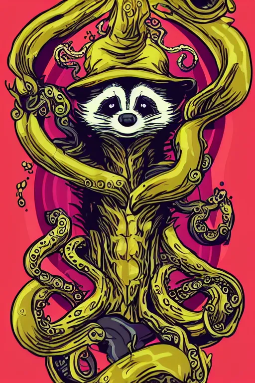 Image similar to Racoon with tentacles, the devil, sticker, blood thirsty, spawn of Satan, burning in hell, blood, evil, colorful, illustration, highly detailed, simple, smooth and clean vector curves, no jagged lines, vector art, smooth