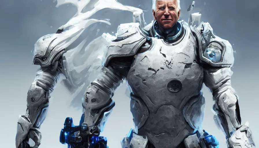 Prompt: joe biden in white armor with blue lights in it, white background, hyperdetailed, artstation, cgsociety, 8 k