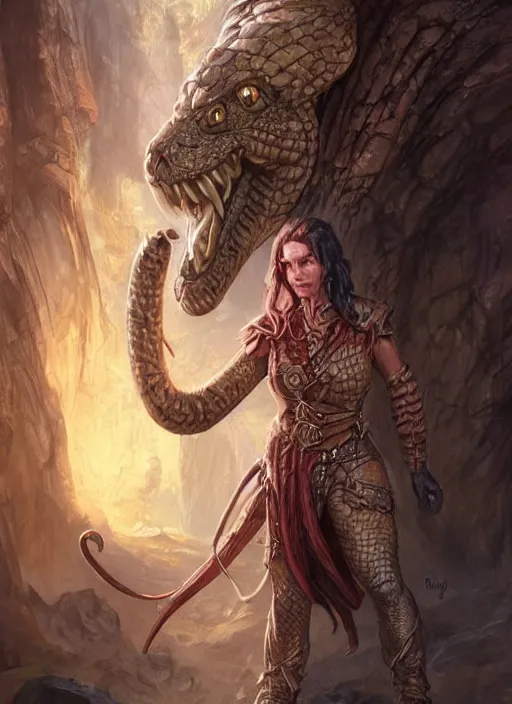Image similar to human half snake, ultra detailed fantasy, dndbeyond, bright, colourful, realistic, dnd character portrait, full body, pathfinder, pinterest, art by ralph horsley, dnd, rpg, lotr game design fanart by concept art, behance hd, artstation, deviantart, hdr render in unreal engine 5