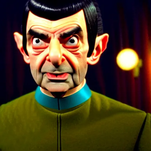 Prompt: mr. bean as mr. spock from star treck. movie still. cinematic lighting.