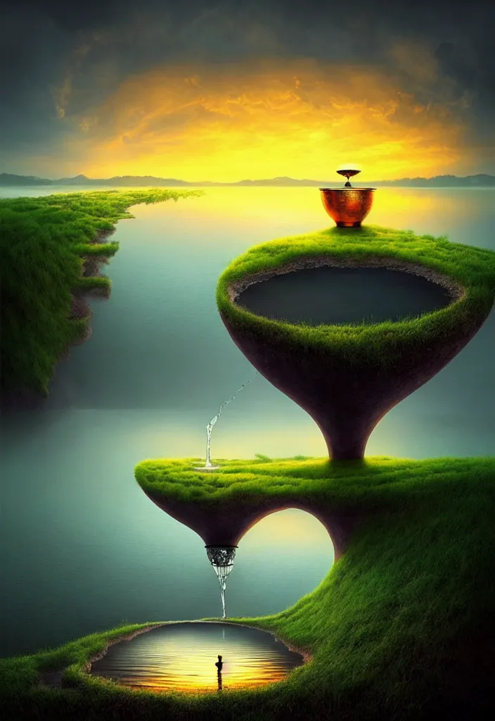 Image similar to a surreal landscape at sunset with a immense gigantic ornated iron chalice cup with a lake inside, water in excess droping by gediminas pranckevicius