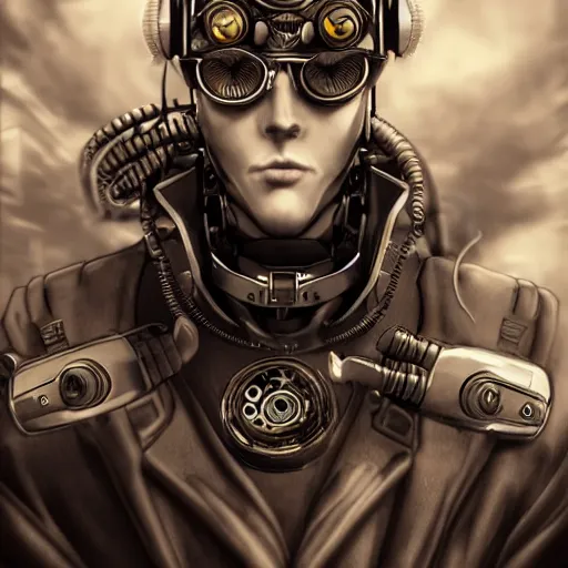 Image similar to steampunk cyborg man, anime, portrait, finely detailed, cinematic lighting,