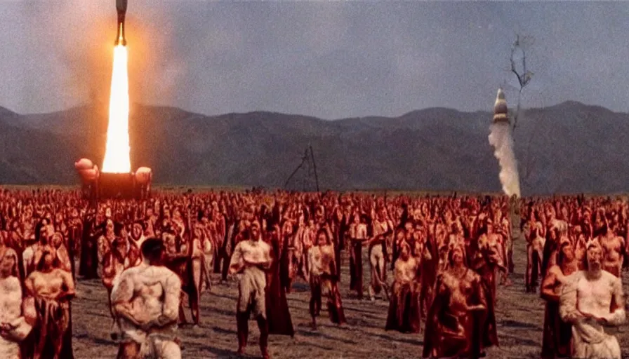 Prompt: big budget movie scene of a satanic cult doing a ritual near a nuclear missile that's about to launch.