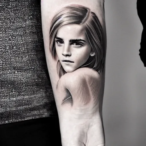 Prompt: tattoo of emma watson on arm