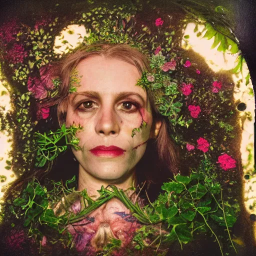 Prompt: a beautiful detailed front view portrait of a rotten woman corpse with plants and fractal flowers growing around, volumetric light, beautiful lit, polaroid photography