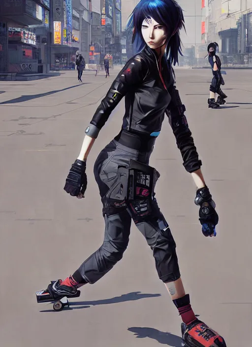 Image similar to hyper - realistic cyberpunk anime woman wearing inline skate, tokyo street, extreme detail, good face, model, concept art, in style of yoji shinkawa, pan ren wei, col price, atey ghailan, by greg rutkowski, aesthetic