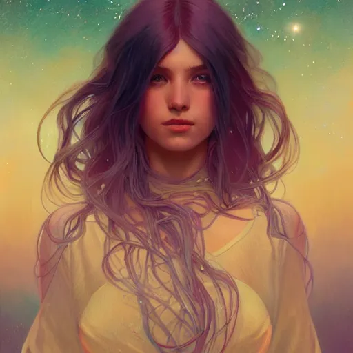 Image similar to girl with super long hair, hair becoming bright stars, intricate, highly detailed, digital painting, artstation, concept art, smooth, sharp focus, illustration, unreal engine 5, 8 k, art by artgerm and greg rutkowski and alphonse mucha