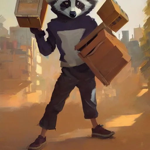 Image similar to greg manchess painting of a trash panda character, holding a box of cables and standing next to old electronic equiptment, medium shot, asymmetrical, profile picture, organic painting, sunny day, matte painting, bold shapes, hard edges, street art, trending on artstation, by huang guangjian and gil elvgren and sachin teng