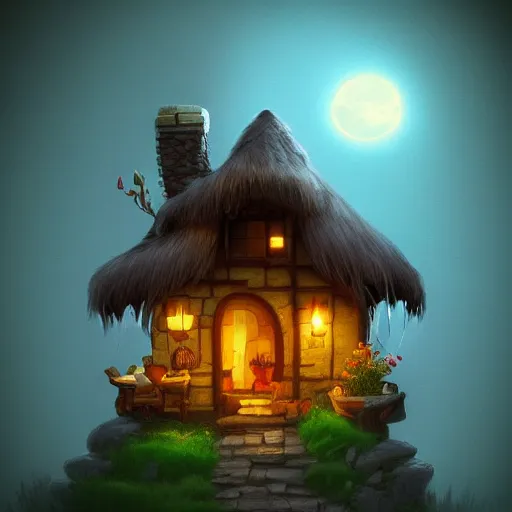 Image similar to cozy fantasy cottage at night, glowing with lamplight, amazing, trending on artstation