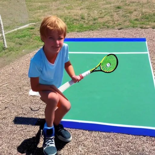 Prompt: children's drawing of Dakota granning playing tennis