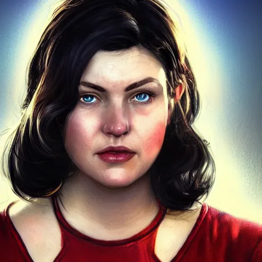 Image similar to portrait of a brunette chubby woman with blue eyes in fallout 4, light stubble with red shirt inside victorian mansion praying to god ,digital art,photorealistoc,art by greg rutkowski,hyperdetailed,western comic style,comic,comic style,sharp lineart,professional lighting,deviantart,artstation,trevor henderson,rossdtaws,cinematic,dramatic