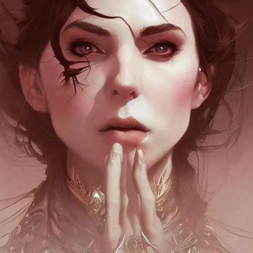 Image similar to A witch, closeup, D&D, intricate, elegant, highly detailed, digital painting, artstation, concept art, matte, sharp focus, illustration, art by Artgerm and Greg Rutkowski and Alphonse Mucha]