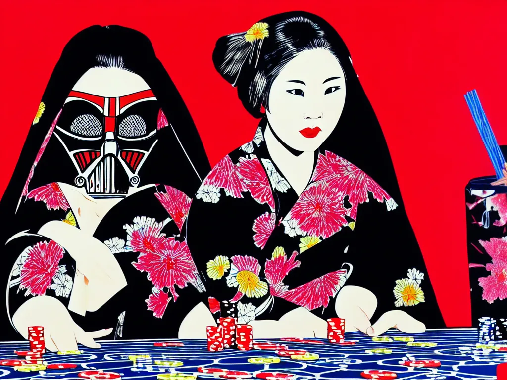 Image similar to hyperrealistic composition of the detailed woman in a japanese kimono sitting at a extremely detailed poker table with hyperdetailed darth vader, fireworks, mountain fuji on the background, pop - art style, jacky tsai style, andy warhol style, acrylic on canvas