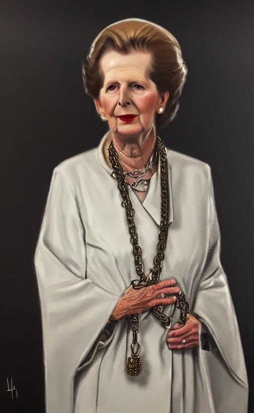 Prompt: an oil portrait of margaret thatcher in ceremonial robe keeping chained distressed servals at her feet, high quality, artstation, higly detailed, dark lighting