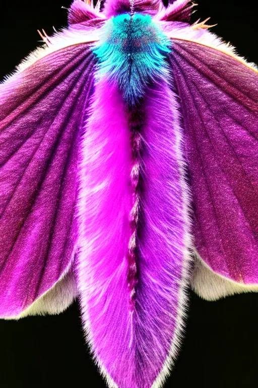 Image similar to high quality macro photo pearlescent furry moth! jeweled gorgeous! highly detailed david ligare elson peter cinematic purple neon lighting high quality low angle hd 8k sharp shallow depth of field