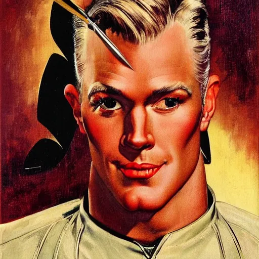 Image similar to a portrait painting of Flash Gordon. Painted by Norman Rockwell