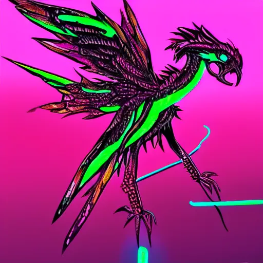 Prompt: neon+pink+winged+reptile, elegant+but also a little vicious looking+concept art +trending on artstation