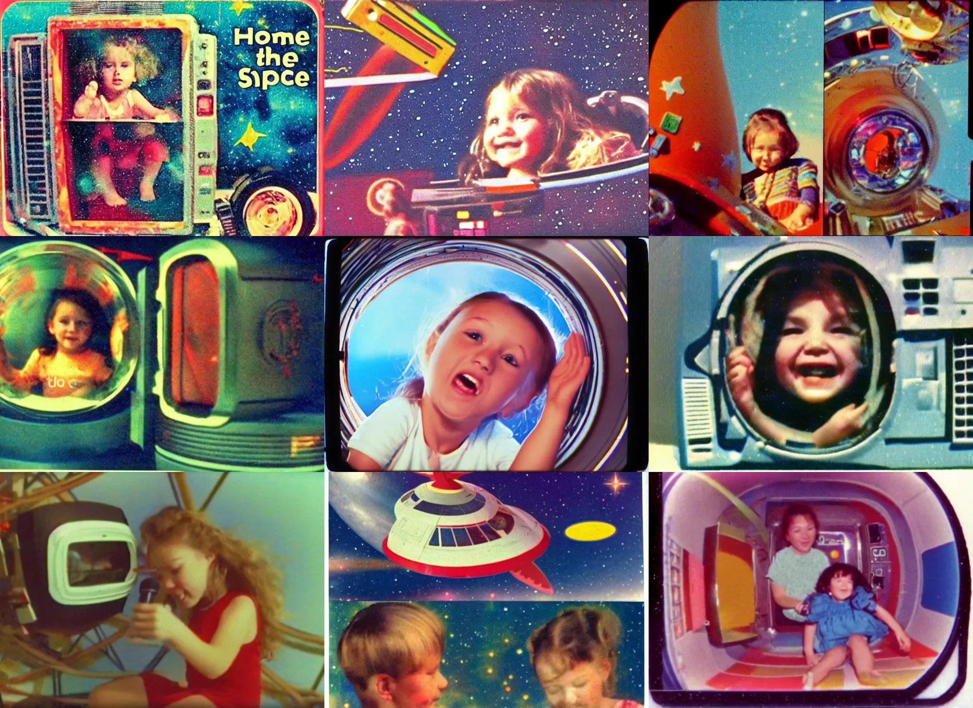 Prompt: Home video footage, A girl playing in the space ship, summer. Color VHS picture quality with mixed noise, Filmed by dad.