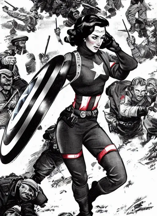 Image similar to beautiful female captain america standing on a pile of defeated, beaten and broken german soldiers. feminist captain america wins wwii. american wwii propaganda poster by james gurney. gorgeous face. overwatch. ralph bakshi