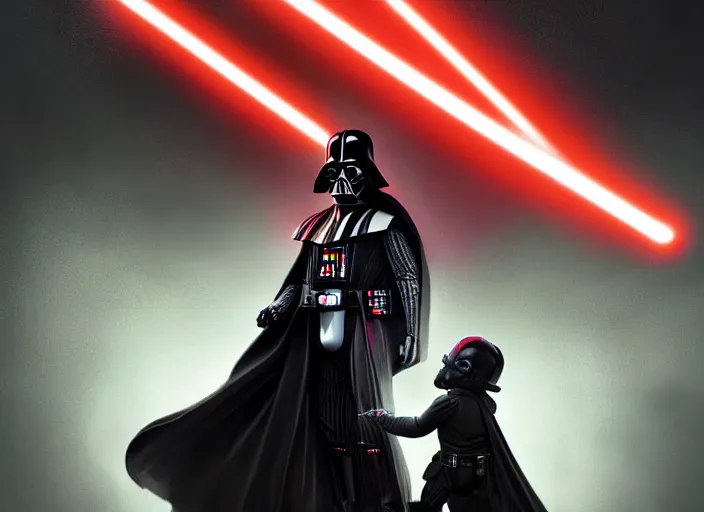 Image similar to a dramatic highly detailed render of darth vader with red lightsaber drawn about to battle a cute baby, futuristic star wars vibe, by WLOP and Artgerm and Greg Rutkowski and Alphonse Mucha, Beautiful dynamic dramatic dark moody lighting, shadows, cinematic atmosphere, Artstation, concept design art, Octane render, 8K, masterpiece, sharp focus, hyperrealistic