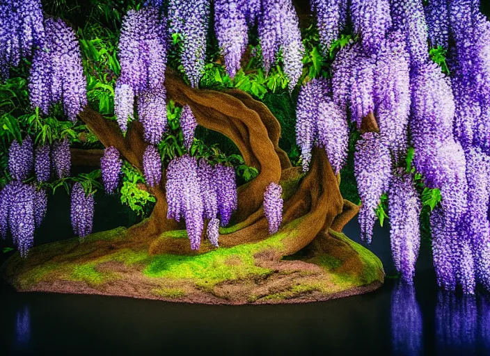 Image similar to a small wisteria tree on an island in a river in an underground cave. fantasy magic style. highly detailed 8 k. intricate. lifelike. soft light. sony a 7 r iv 5 5 mm. cinematic post - processing