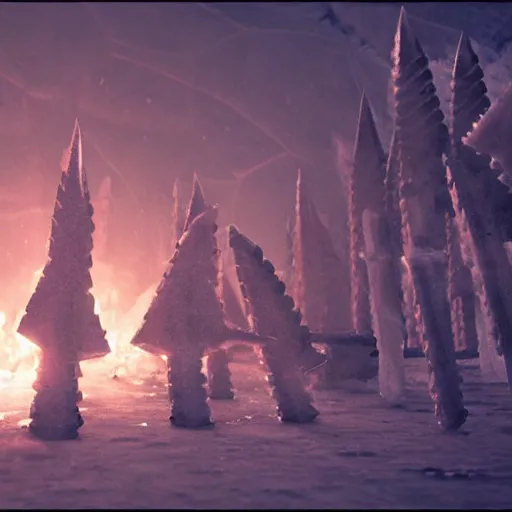 Prompt: ice spikes are summoned from the ground by magic, a group of knights in plate - armor gets impaled by bloody spikes, death on the spot, gloomy lights in the sky, feeling of cold terror, octane render, unreal engine, 8 k