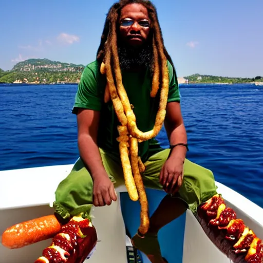 Image similar to rastafarian on a boat with a hotdog