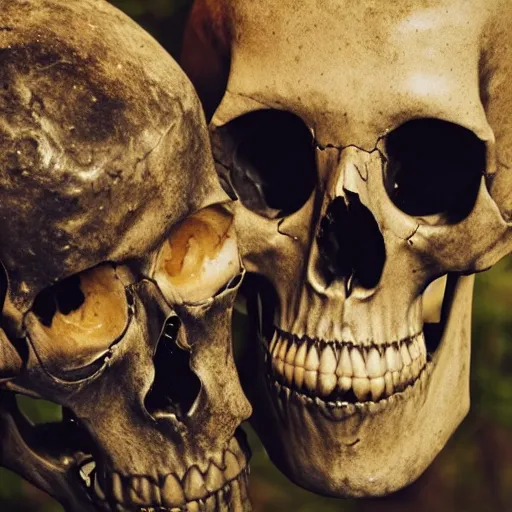 Image similar to rotting bones. HUMAN SKULLS KISSING