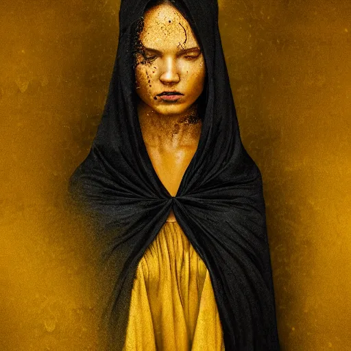 Image similar to a portrait of a young woman wearing a long dark cloak, hood and shadows covering face, holding golden chains, oil painting, matte painting, black background, Volumetric Golden dappled dynamic lighting, Highly Detailed, Cinematic Lighting, Unreal Engine, 8k, HD, by Beksinski