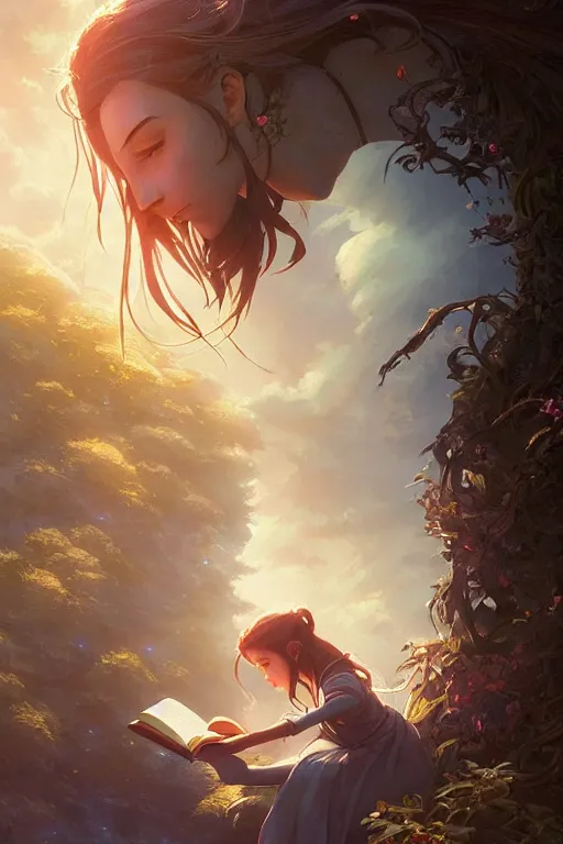 Image similar to highly detailed portrait of beautiful girl reading a book in avatar, dynamic pose, stephen bliss, unreal engine, fantasy art by greg rutkowski, loish, rhads, ferdinand knab, makoto shinkai and lois van baarle, ilya kuvshinov, rossdraws, tom bagshaw, global illumination, radiant light, detailed and intricate environment