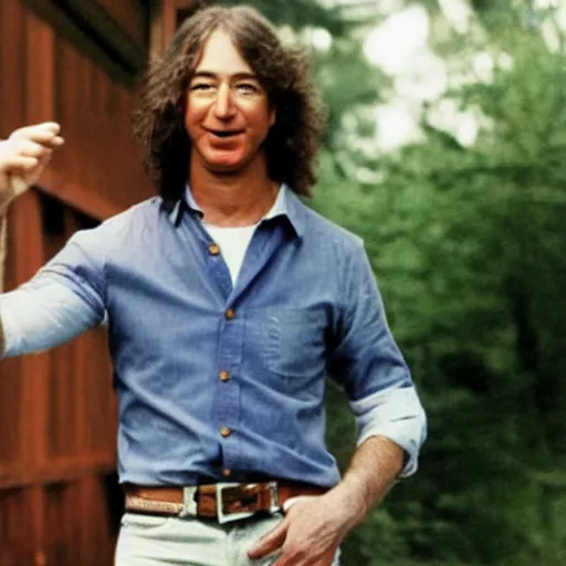 Image similar to jeff bezos as a hippie clothes in woodstock