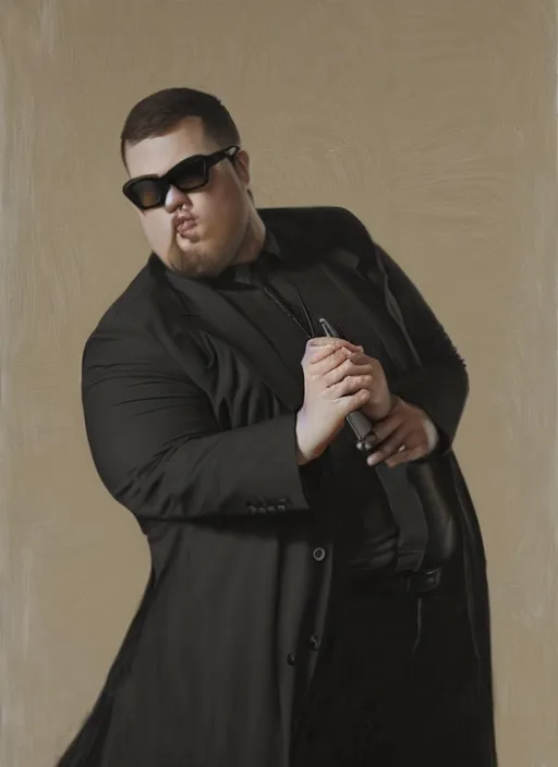 Prompt: portrait of an overweight handsome man in a black outfit, katana trenchcoat sunglasses, a flemish baroque by alexander mcqueen, art by john collier by greg rutkowski and craig mullins, oil on canvas