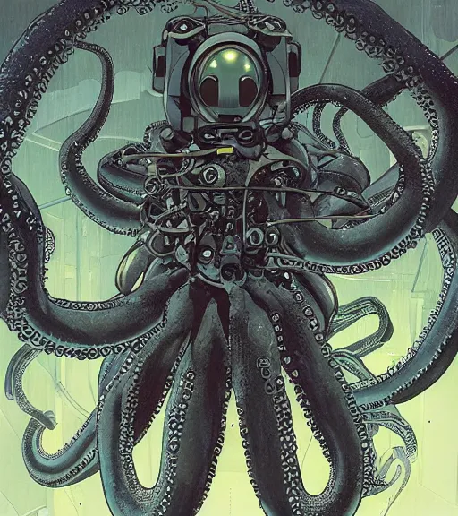 Prompt: a cybernetic realistic octopus in a space station, techwear, Industrial Scifi, detailed illustration, character portrait, by Ashley Wood and Moebius