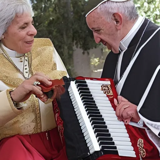 Prompt: realistic photograph of Luciana Littizzetto playing the accordion for Pope Francis, 2019, afternoon