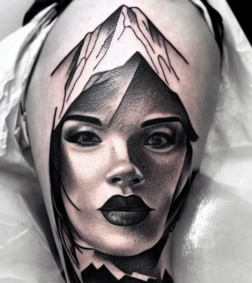 Image similar to amazing blend effect of beautiful mountain scenery with a beautiful woman face, tattoo design sketch, hyper - realistic, in the style of matteo pasqualin, amazing detail, black and white