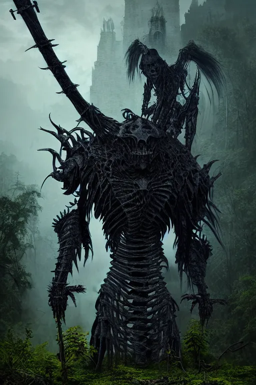 Prompt: post - gothic giant creepy chimera, exoskeleton armor, holding katana, dystopian ruins covered in vegetation, highly detailed smooth digital art masterpiece, vitaly bulgarov giger dramatic dark blue light, ground angle hd 8 k, sharp focus