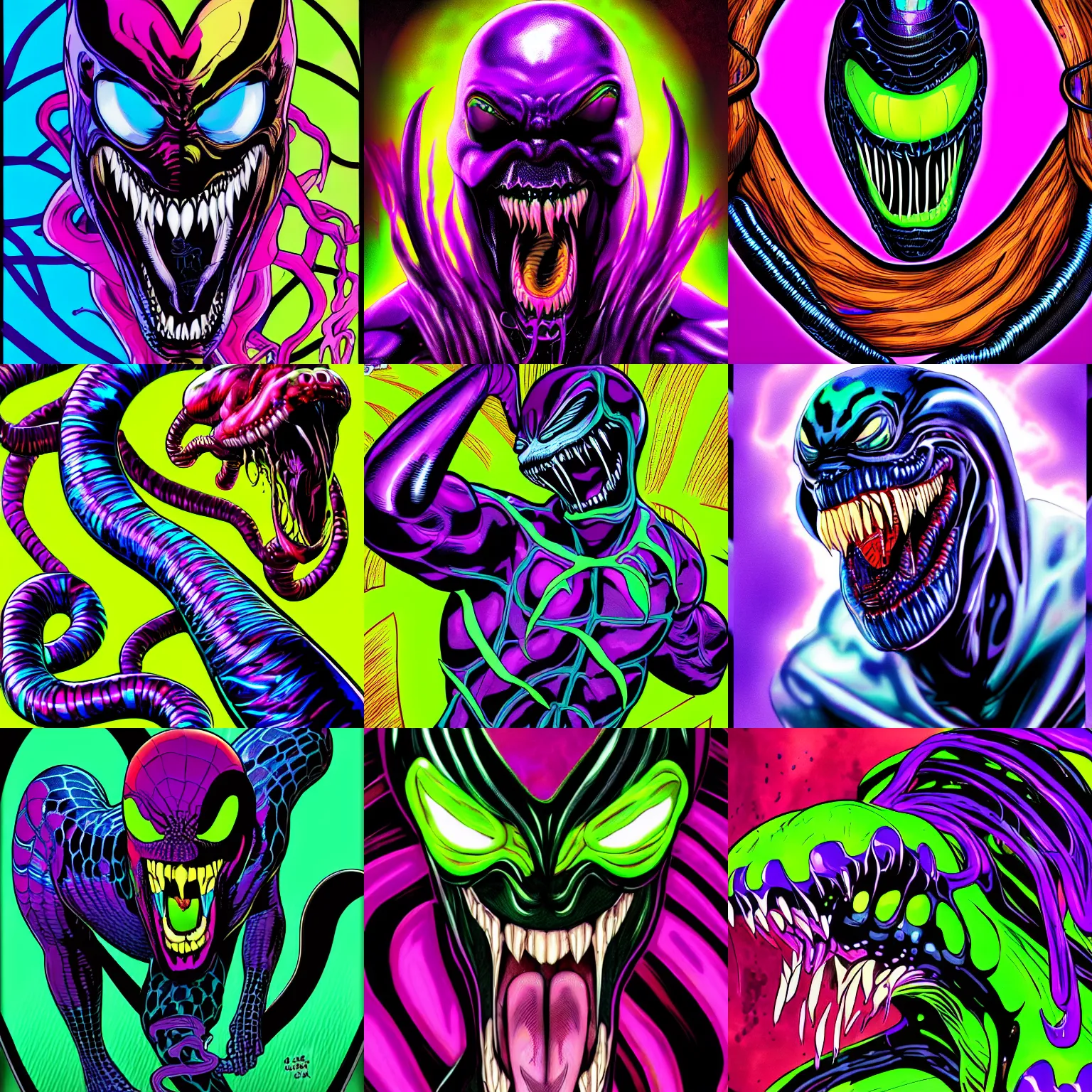 Prompt: blacklight venom, marvel comic, long slimey tongue, rich iridescent colors, digital art, d & d, detailed, 4 k hd