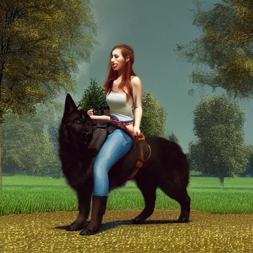 Image similar to girl riding a giant German shepherd in the park, trending on artstation