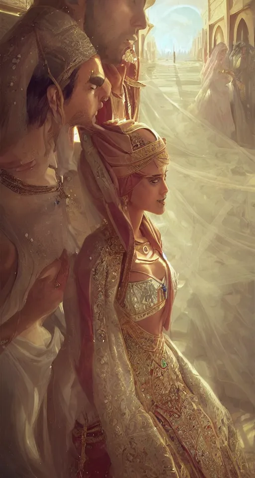 Image similar to arabian princess wedding day, digital art,ultra realistic,ultra detailed, ultra wide Lens, art by greg rutkowski