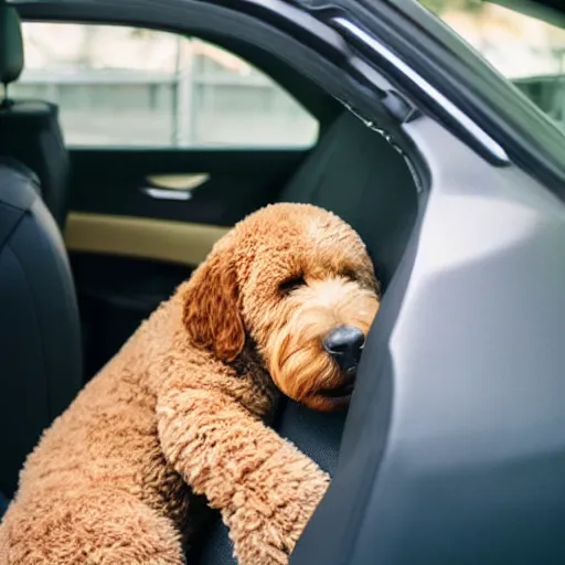 Image similar to a photo of a goldendoodle sleeping on the backseat of a car with a teddy bear next to it