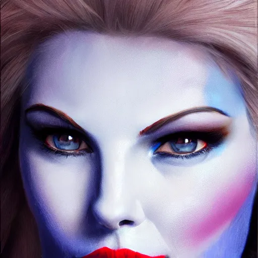 Image similar to mystique from the xmen, 8 k, realistic, oil painting, high detail, pretty face,