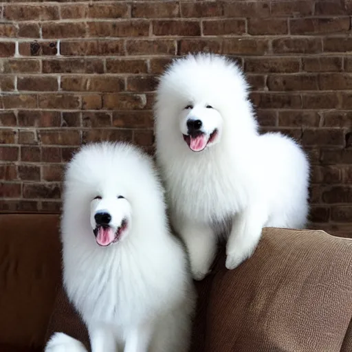 Image similar to realistic, sharp, several white and fluffy samoyeds sitting on the couch wearing birthday hats and smiling to you, happy, cute