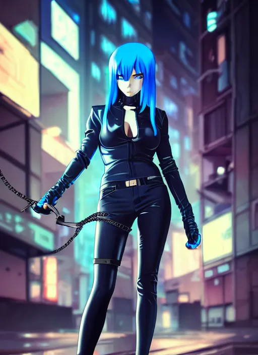 Prompt: hyper realistic photograph portrait of cyberpunk pretty girl with blue hair, beautiful blue eyes, wearing a full leather outfit, holding a whip, in city street at night, by makoto shinkai, ilya kuvshinov