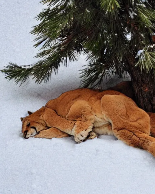 Image similar to ripped up postcard showing 'a cougar sleeping in the middle of snowy pine tree' laying on coffee table, zoomed out shot, HD, iphone capture, rips, tears