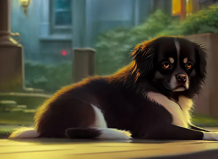 Image similar to a wholesome animation key shot of a black tibetan spaniel, laying down, sad, on a wet tokyo street, studio ghibli, pixar and disney animation, sharp, rendered in unreal engine 5, anime key art by greg rutkowski, bloom, dramatic lighting